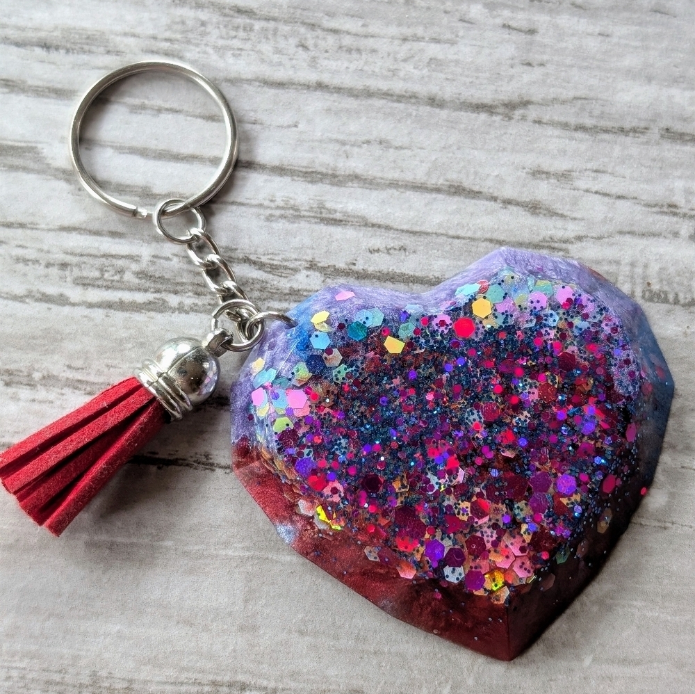 Red Blue Sparkly Heart Keychain